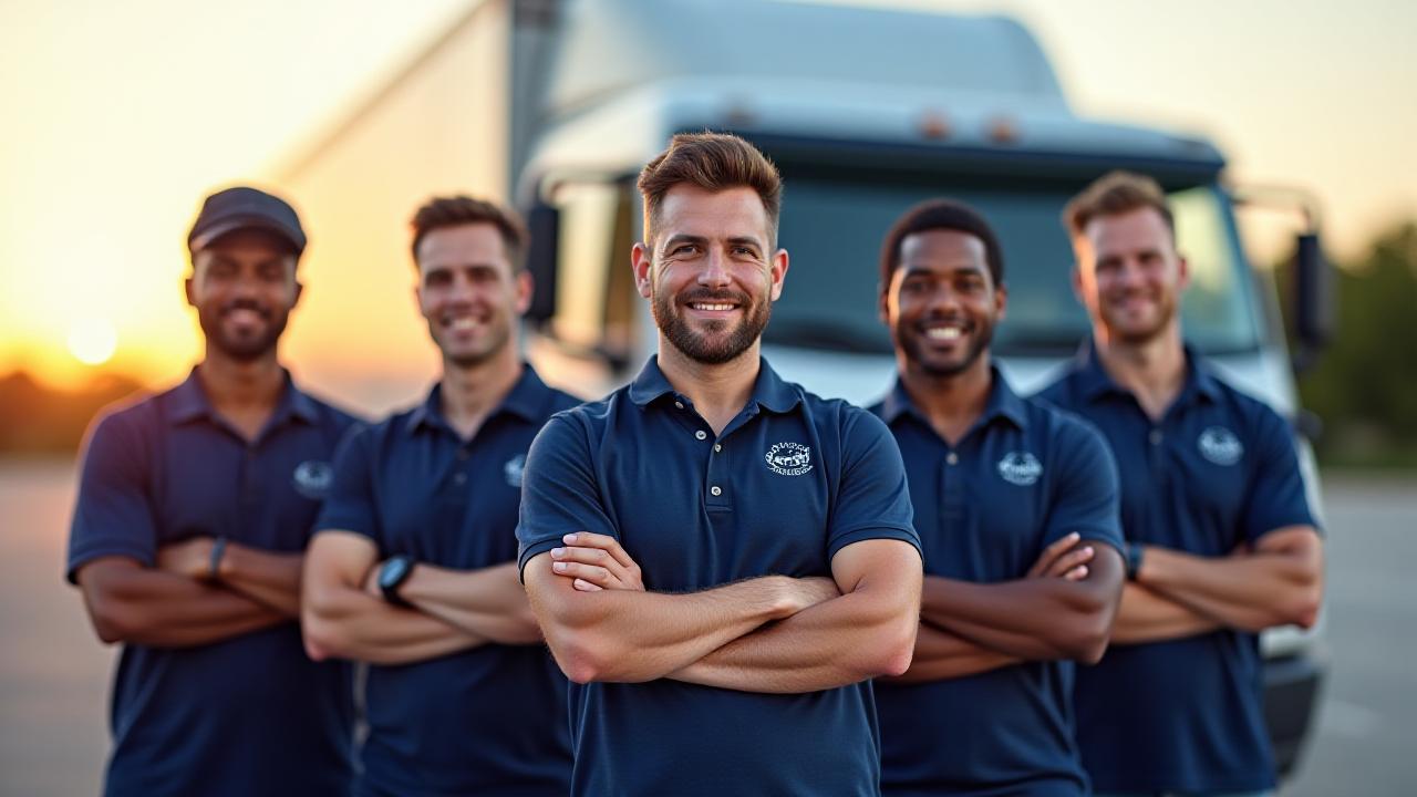 Francis Moving and Hauling team standing professionally in front of a modern transport truck in Beltsville