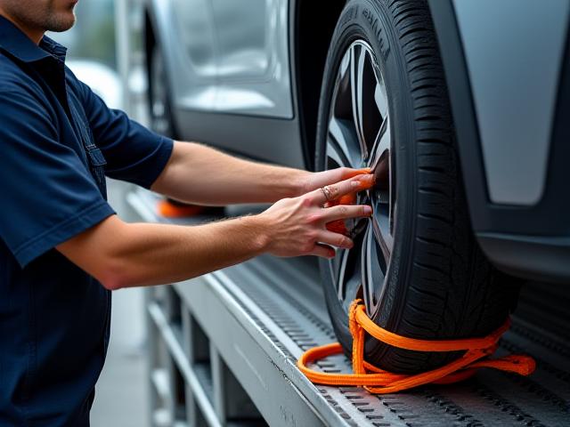 Technician securing an electric vehicle to a flatbed truck