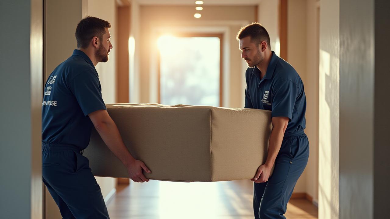 Professional movers carefully transporting a large luxury sofa into a home