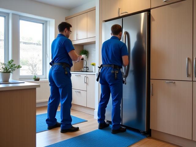 Movers installing a high-end refrigerator in a modern kitchen while using floor protection