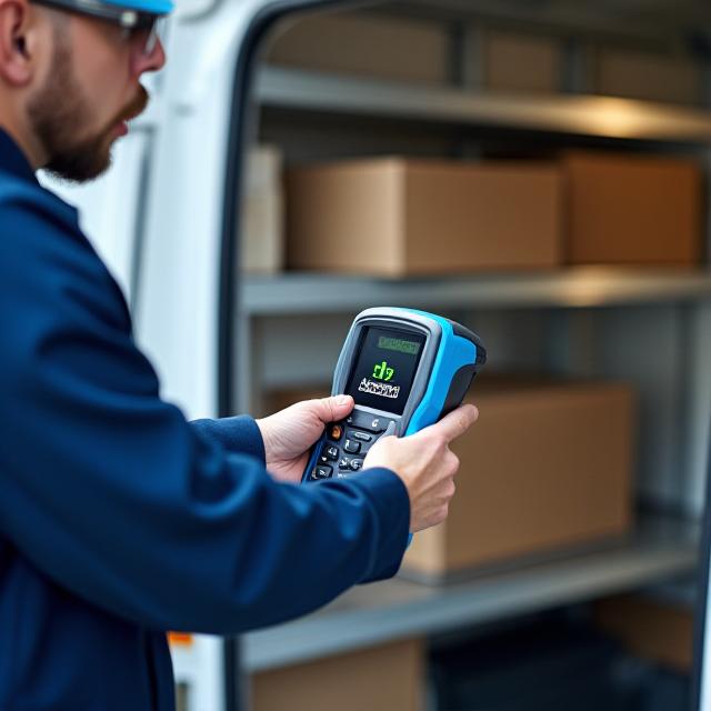 Professional delivery driver scanning a package with a handheld device for real-time proof of delivery