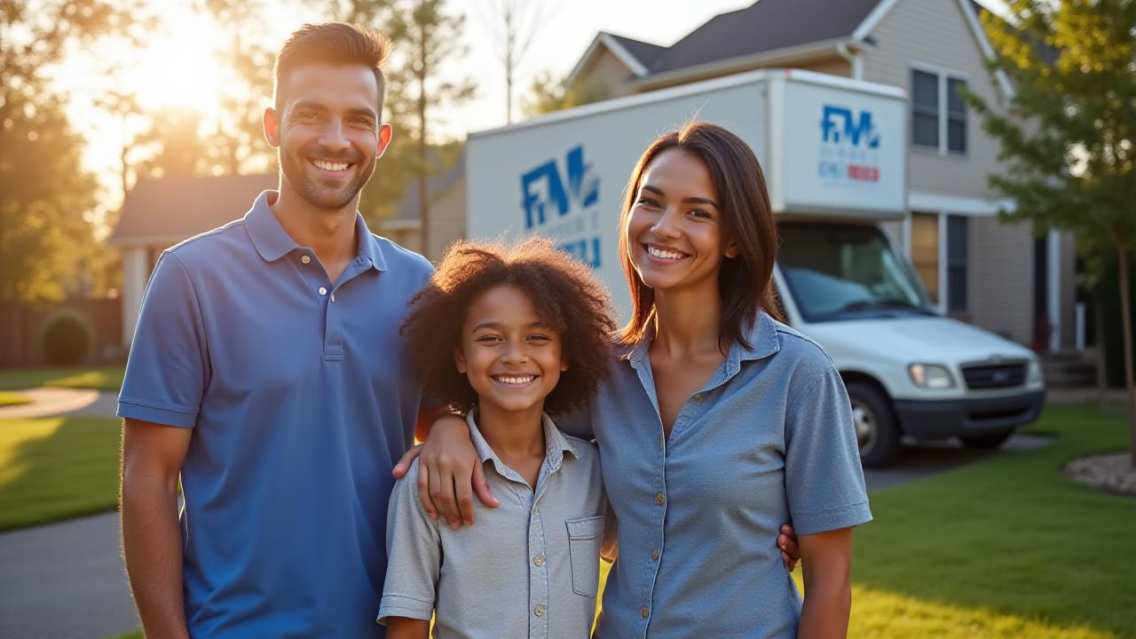 Happy family in front of a Francis Moving truck in a Beltsville neighborhood